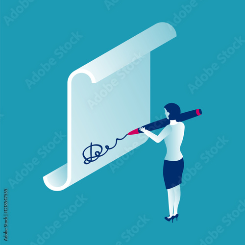 Signature document. A pen in a woman's hands. Template for web and design. Contract or agreement. Vector illustration isometric 3d design.