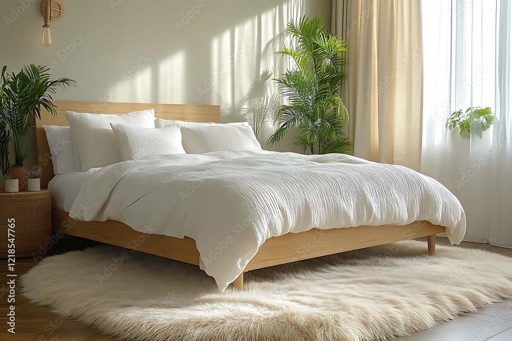 Sunlit bedroom with king-size bed, plants, and fluffy rug. Sunlit bedroom with king-size bed, plants, and fluffy rug.