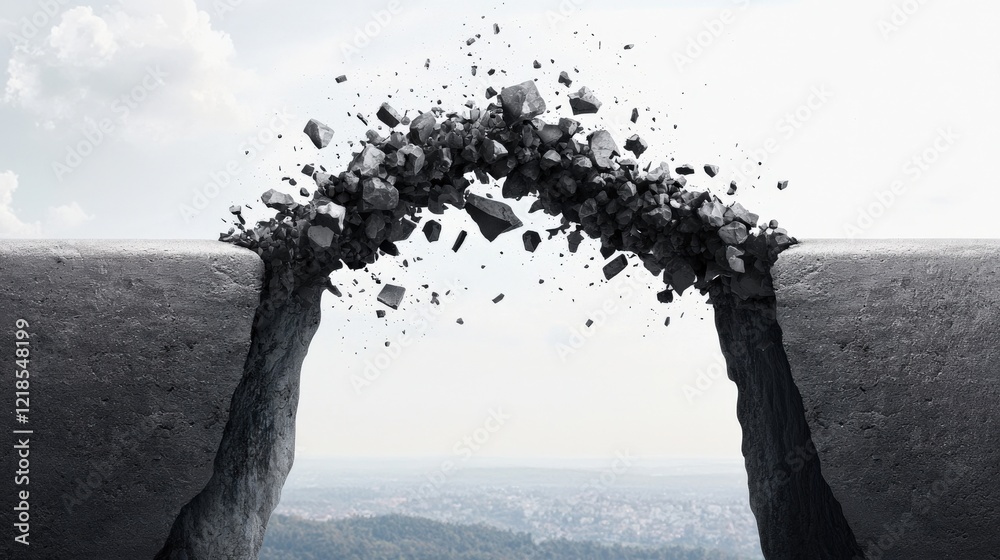 Fototapeta premium Dramatic Scene of Crumbling Concrete Bridge with Flying Debris Against a Distant Urban Skyline Under Cloudy Sky