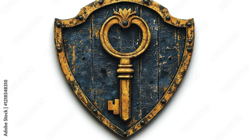 Ornate Golden Key on Rustic Wooden Shield: A Symbol of Protection and Access Ornate Golden Key on Rustic Wooden Shield: A Symbol of Protection and Access