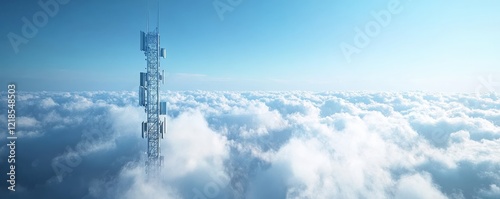A towering communication tower rises above a sea of clouds under a clear blue sky, symbolizing technology and connectivity.