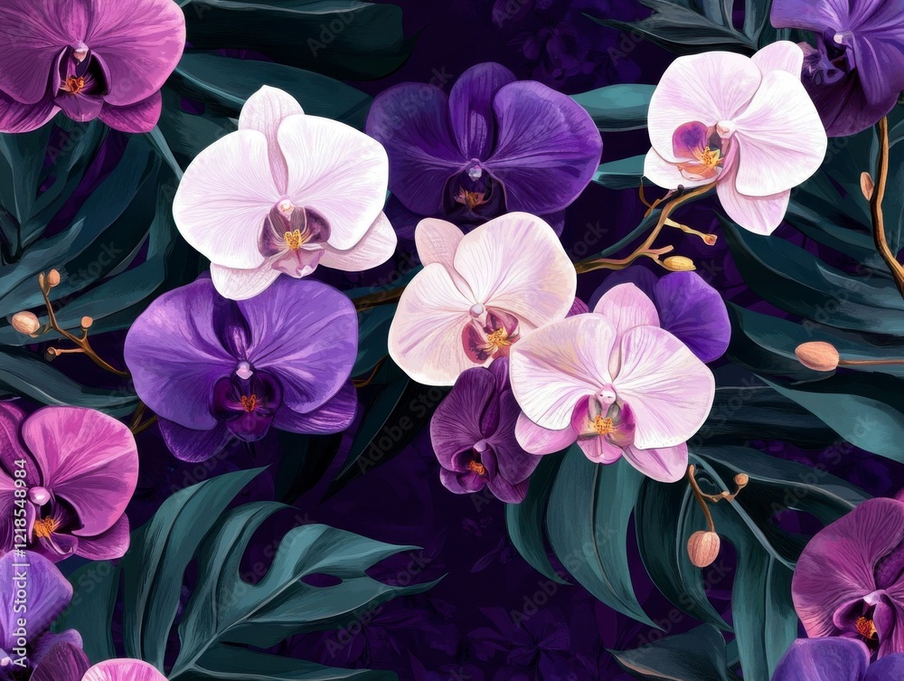 A Seamless Pattern of White and Purple Orchids with Dark Green and Purple Tropical Leaves on a Dark Purple Background A Seamless Pattern of White and Purple Orchids with Dark Green and Purple Tropical Leaves on a Dark Purple Background