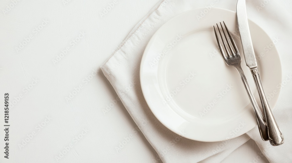 Elegant dining setup with a white plate, silver cutlery, and a linen napkin on a clean table Elegant dining setup with a white plate, silver cutlery, and a linen napkin on a clean table