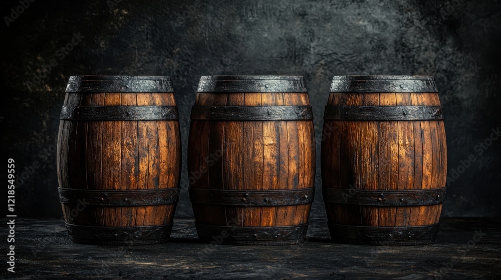 Crafting tradition rustic wooden barrels display studio setting still life photography dramatic lighting Crafting tradition rustic wooden barrels display studio setting still life photography dramatic lighting