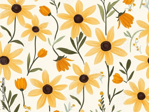 A Seamless Pattern of Susans with  on a Light Yellow Background photo