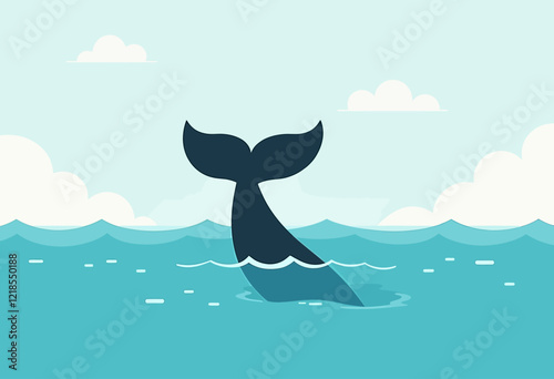 Simple Flat Whale Tail, Water Scene, Minimalist Design, Ocean Graphic Art, Marine Illustration, Isolated Vector Object, Clean Lines, Sea Life.

