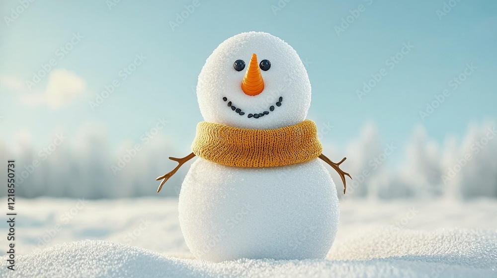 Obraz premium Charming snowman with orange carrot nose, black eyes, and cozy scarf in winter landscape with soft snow