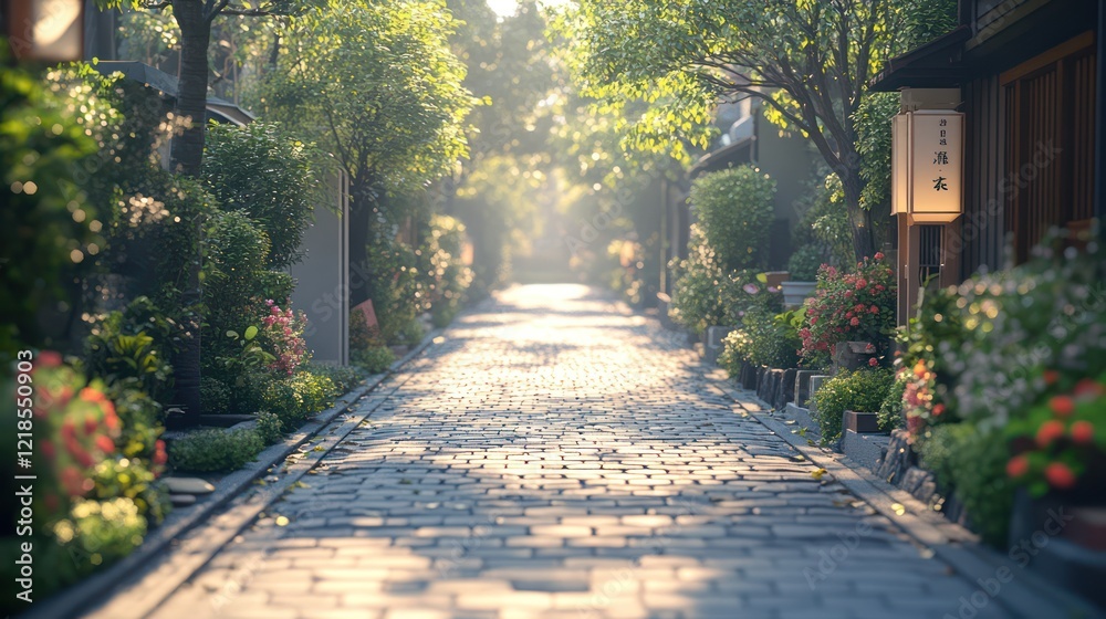 Obraz premium Serene Sunlit Cobblestone Lane in Japan