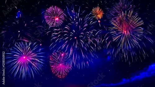 Colorful fireworks, night sky, stars, celebration, festive atmosphere, dark background