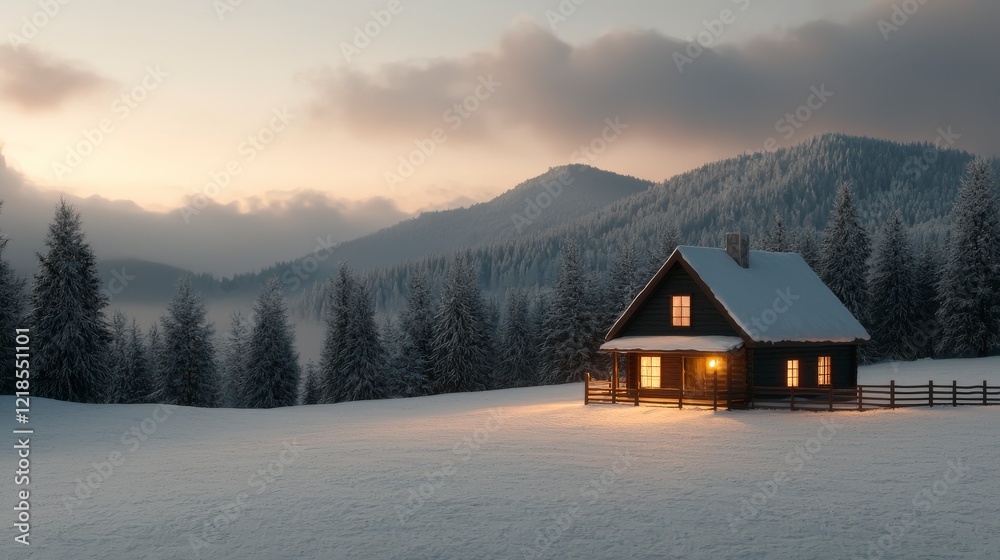 Fototapeta premium Charming Wooden Cabin in Snowy Landscape at Dusk with Glowing Windows and Mountain Backdrop