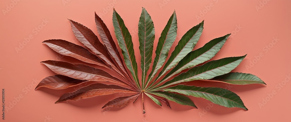 Fototapeta premium Chestnut leaves forming a fan like pattern on a plain soft coral background