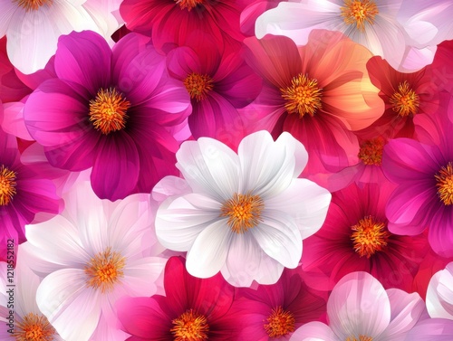 A Seamless Pattern of Pink and White Cosmos Flowers with Yellow Centers on a Light Pink Background