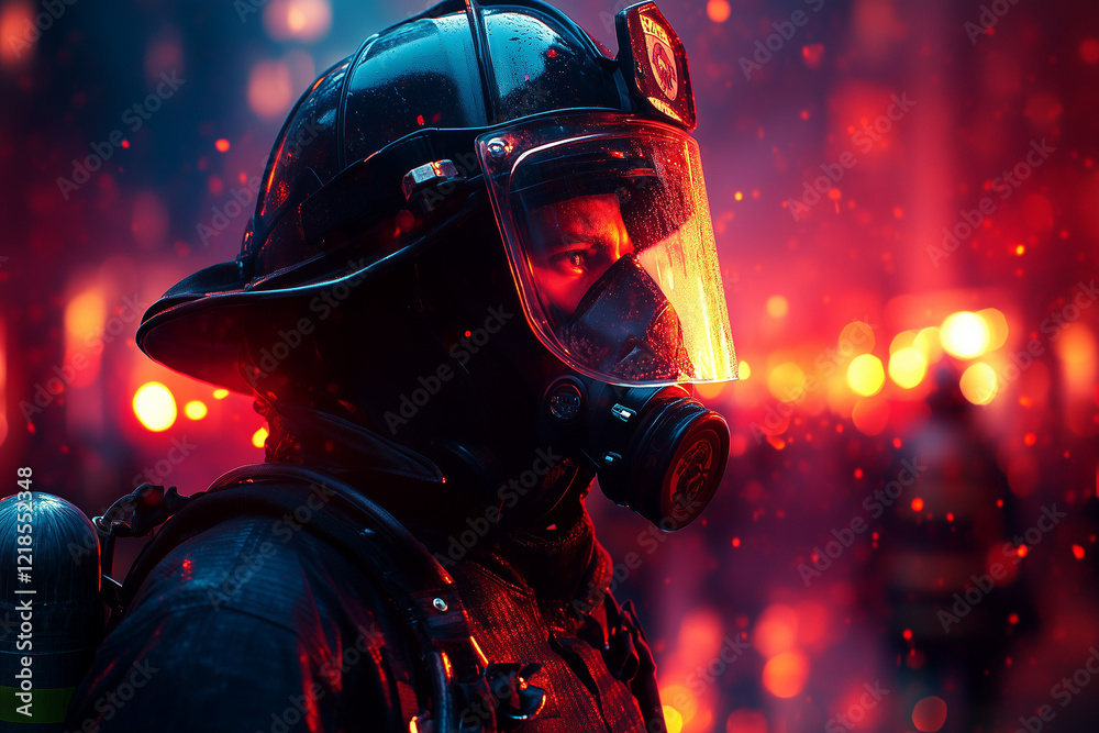 Focused firefighter in full gear with a mask and helmet standing against a backdrop of flames
Focused firefighter in full gear with a mask and helmet standing against a backdrop of flames
