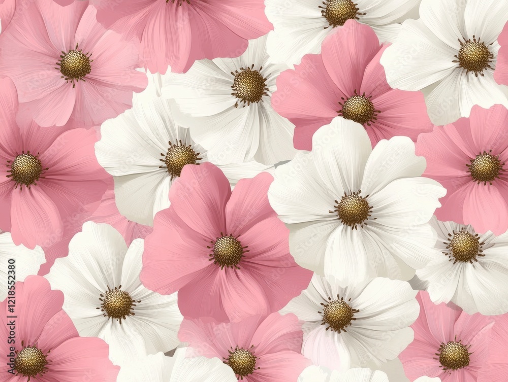 Obraz premium A Seamless Pattern of Pink and White Cosmos Flowers with Yellow Centers on a Light Pink Background