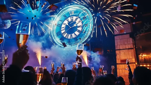 New Year's Eve Celebration with Fireworks and Giant Clock