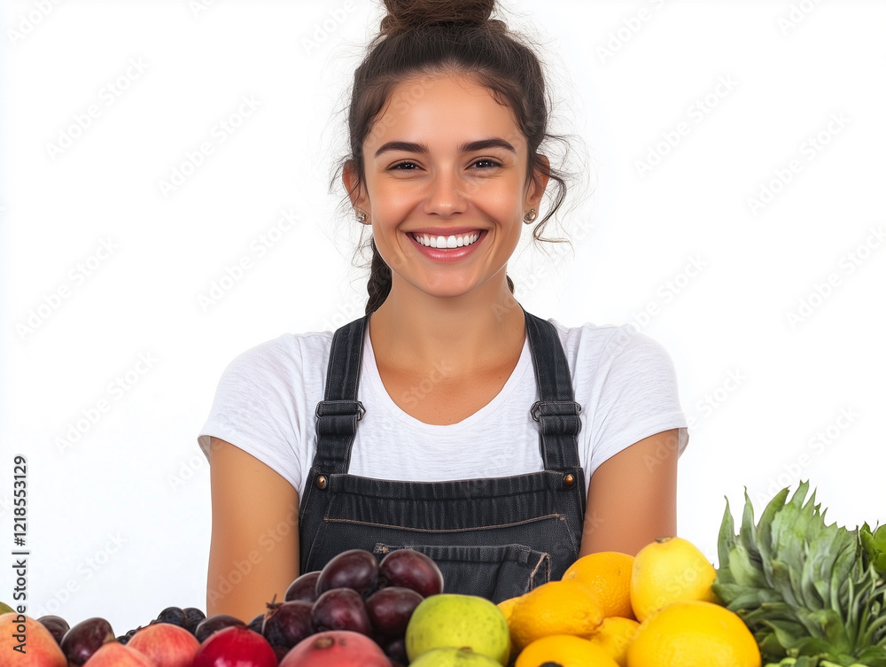 Portrait of a smiling female seller at the market on a white background Portrait of a smiling female seller at the market on a white background