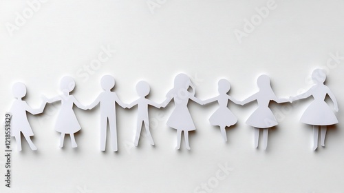 Paper cutout silhouettes of diverse people holding hands on white background