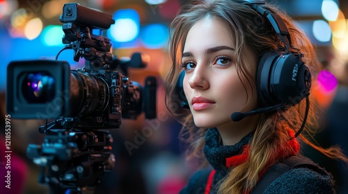 Young caucasian female camerawoman with headset operating professional camera