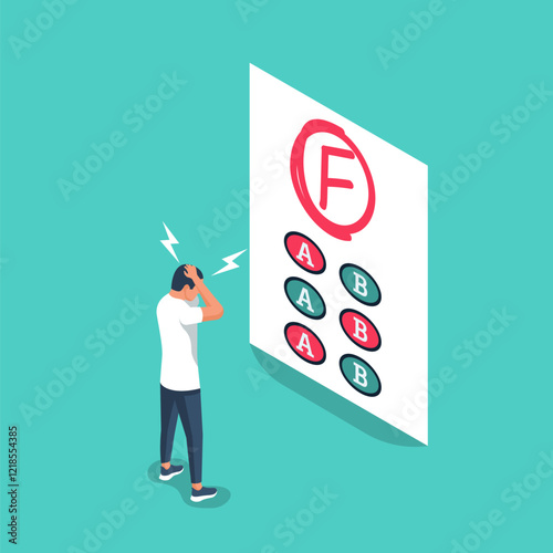 Bad grade student. Failed test. Bad rating. Negative result. Disgruntled caucasian student, disappointed with test with grade F. Vector illustration isometric design. Isolated on a white background.