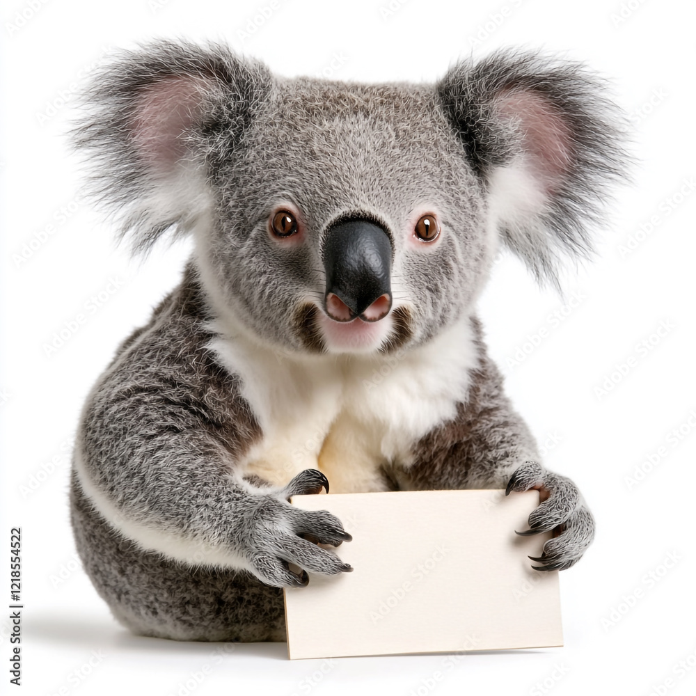 Naklejka premium A Charming Koala with Fluffy Gray Fur Perched Comfortably on a Branch Against a Pristine White Background Embodying Serenity and Natural Beauty