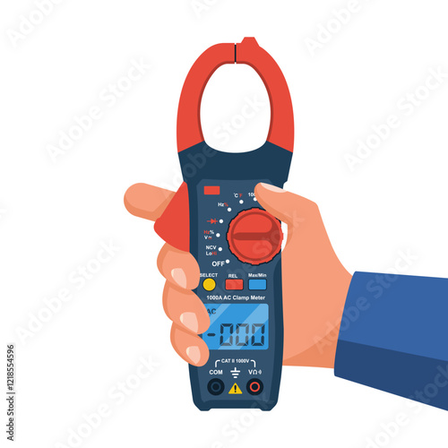 Clamp meter hold in hand of an electrician. Current digital clamp meter. Electrician's measuring tool. Tool or equipment of electrician isolated on white background. Vector illustration flat design.