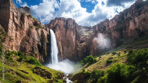Majestic waterfall cascading down rocky cliffs, lush greenery, sunny sky.  Travel brochure
