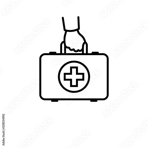 Black line icon First aid kit. Doctor holds in hands. Template for medical ambulance. Medical silhouette equipment. Vector illustration cartoon design.