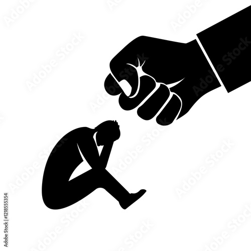 Violence in work. Big boss fist threatens a man. Stop violence against. Big fist threatens a male. Vector illustration flat design. Isolated on white background.