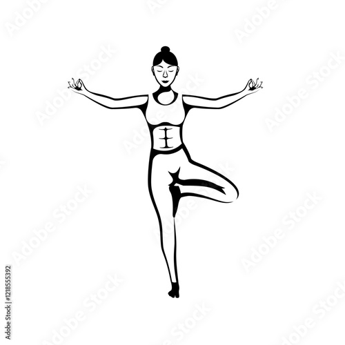 Silhouette beautiful young woman yoga instructor doing vrikshasana on a mat. Young girl does yoga. Meditation concept. Relaxation and rest. Healthy lifestyle. Vector illustration flat design.