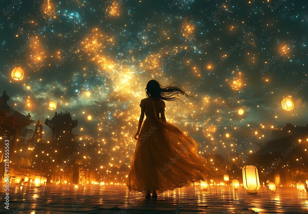 Silhouette of a Woman in a Dress Under a Starry Sky with Floating Lanterns
Silhouette of a Woman in a Dress Under a Starry Sky with Floating Lanterns
