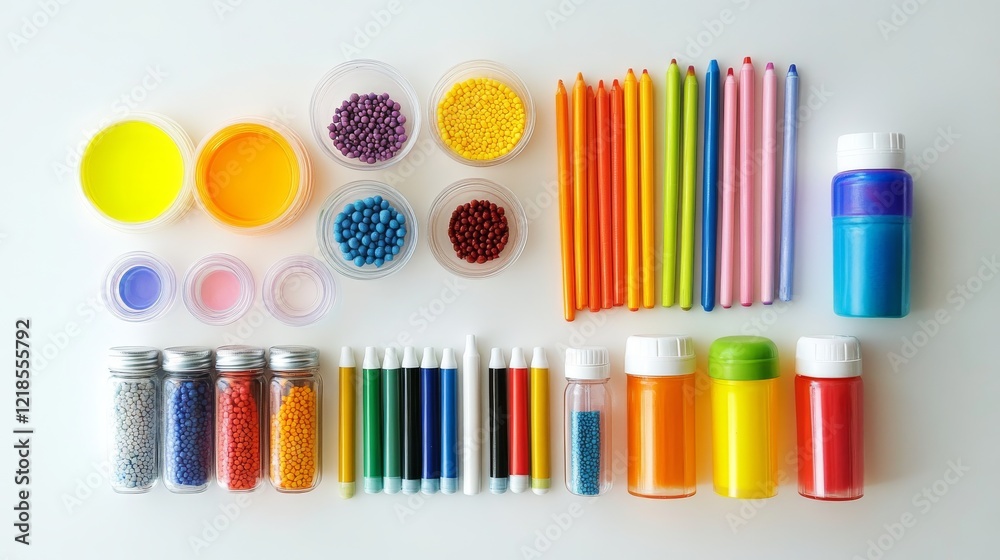 Fototapeta premium Creative art supplies display studio workspace colorful tools organized layout artistic inspiration