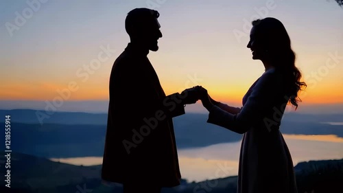 Silhouette of couple at sunset, romantic scene, ocean view, mountain landscape