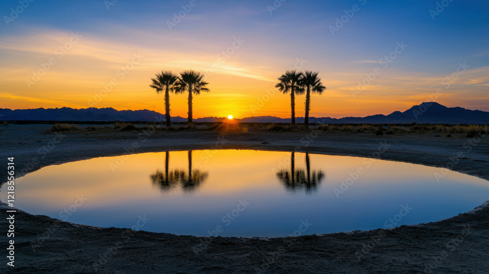 Serene Sunset Over Desert Oasis with Swaying Palm Trees and Mirror Reflection Serene Sunset Over Desert Oasis with Swaying Palm Trees and Mirror Reflection