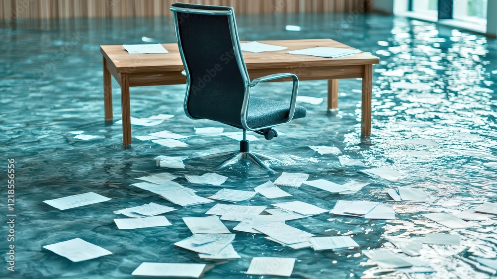 A flooded office scene featuring a desk and chair surrounded by scattered papers. A flooded office scene featuring a desk and chair surrounded by scattered papers.