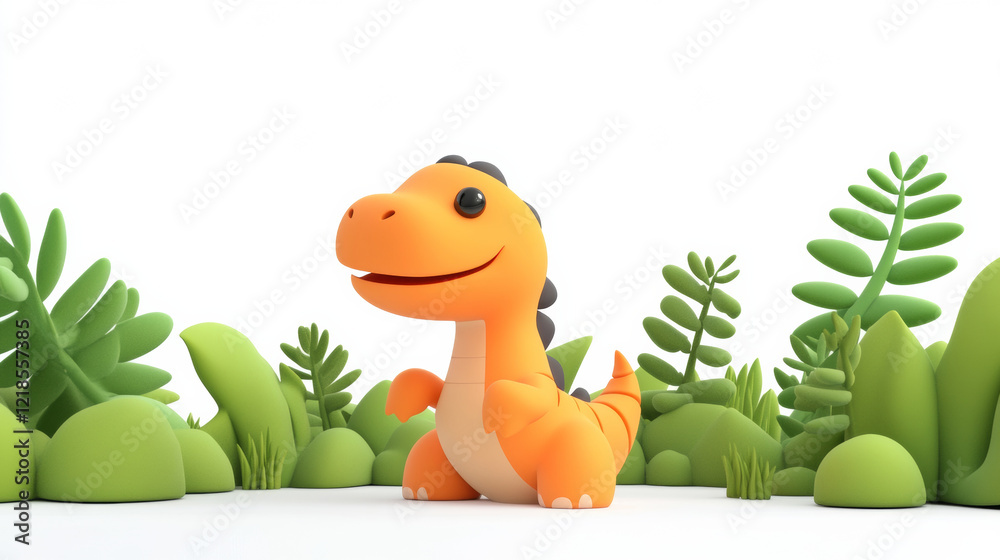 Fototapeta premium Cute orange dinosaur in lush green jungle setting