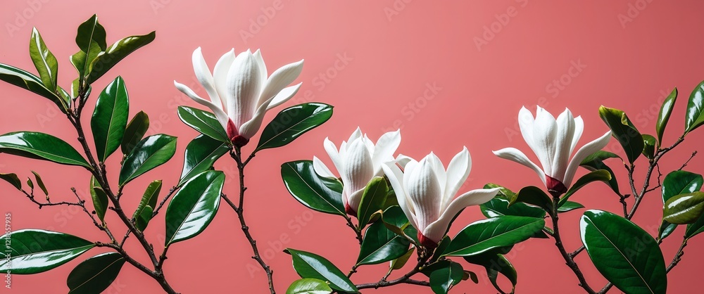 Obraz premium Magnolia tree leaves with glossy finishes on a plain coral pink background