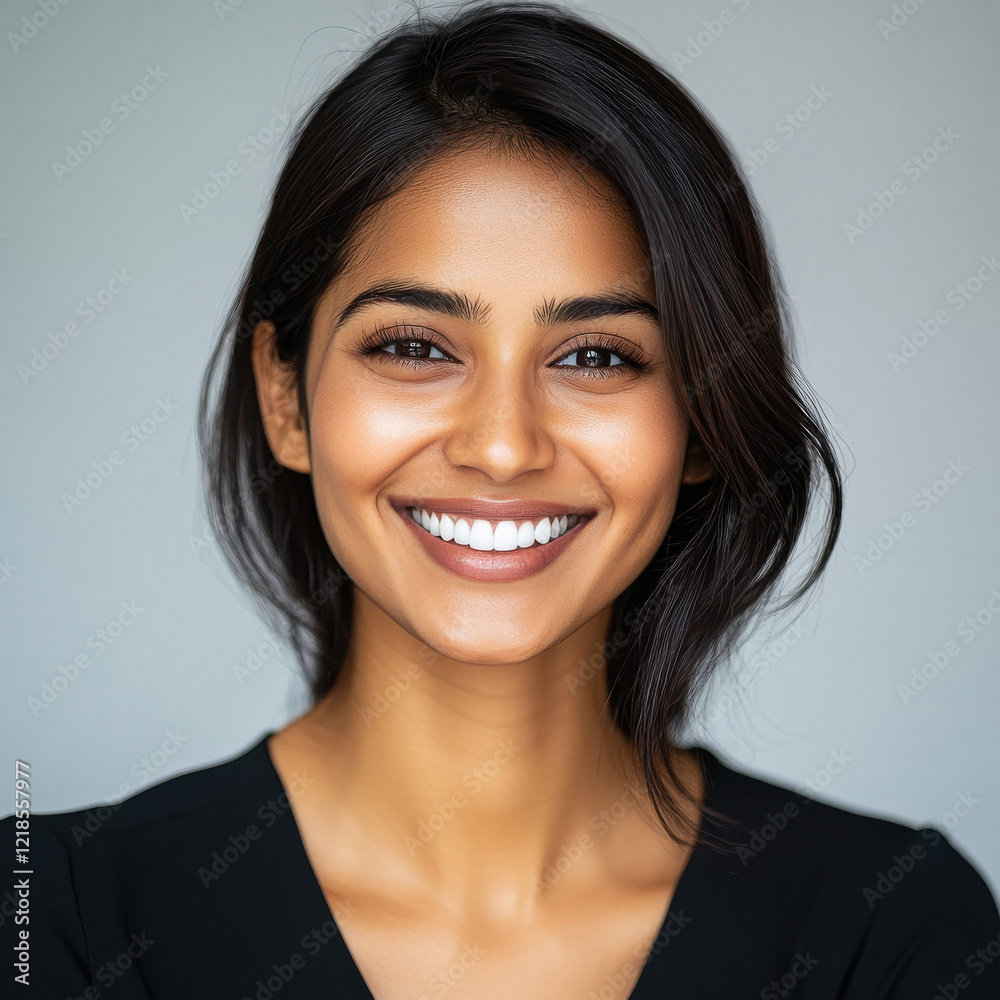 Fototapeta premium a smiling Indian woman with long, straight black hair flowing around her shoulders. standing on white background