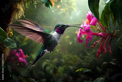 Pink blooming hummingbird in a wooded environment. Flying in a natural tropical wood habitat, red flower, green violet ear, Colibri thalassinus, Tapanti National Park, Costa Rica. Jungle wildlife scen photo