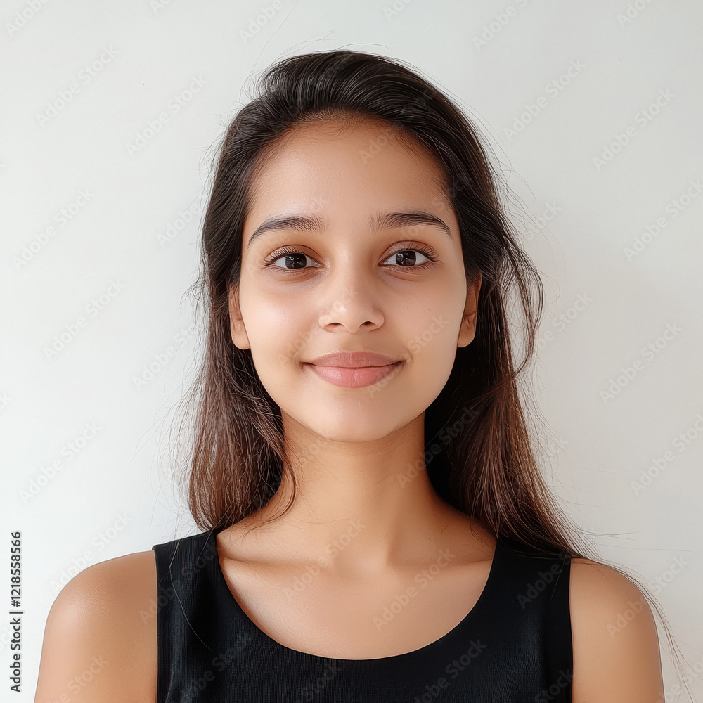 a smiling Indian woman with long, straight black hair flowing around her shoulders. She stands against a clean, white background a smiling Indian woman with long, straight black hair flowing around her shoulders. She stands against a clean, white background