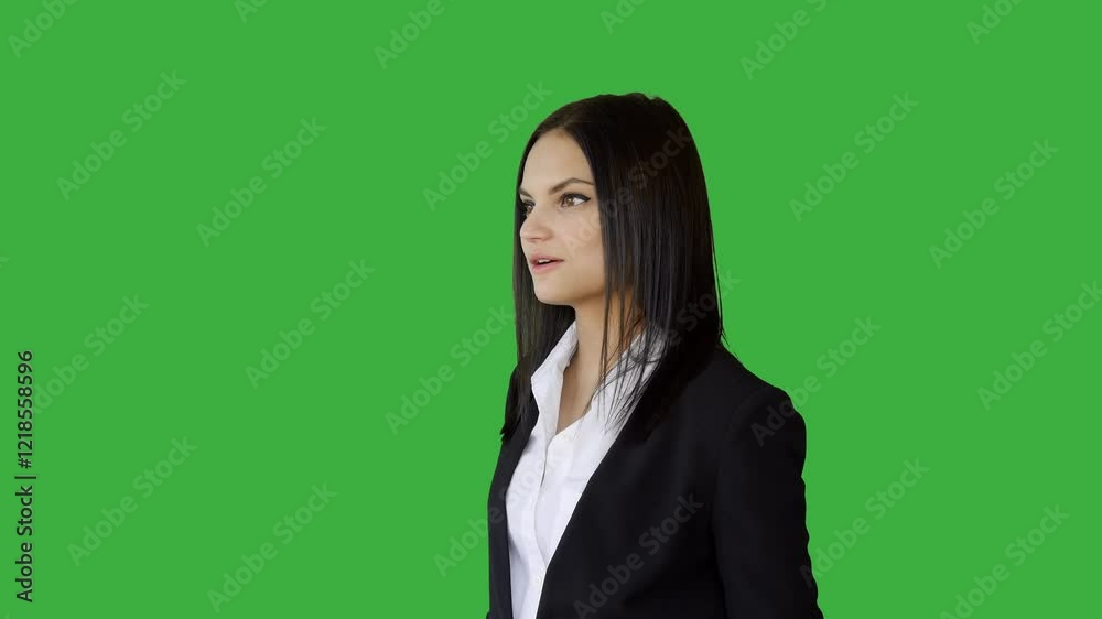 Young Woman Stands Passionately against a Greenscreen Backdrop Young Woman Stands Passionately against a Greenscreen Backdrop