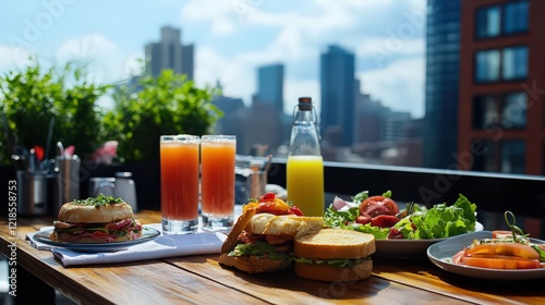 A casual Friday lunch break at a rooftop terrace, featuring sandwiches, juices, and lighthearted laughter. photo