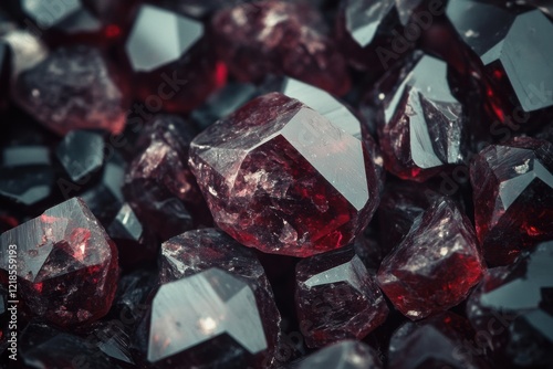 Natural garnet gemstones in various shapes and sizes create a striking display on a dark background. Generative AI