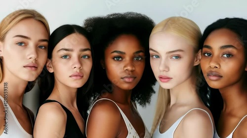Diverse group of women standing in studio on grey background.