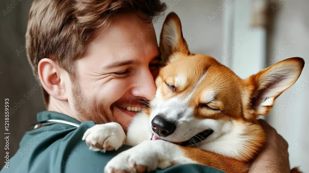 Man veterinarian hugging dog. Man veterinarian hugging dog.