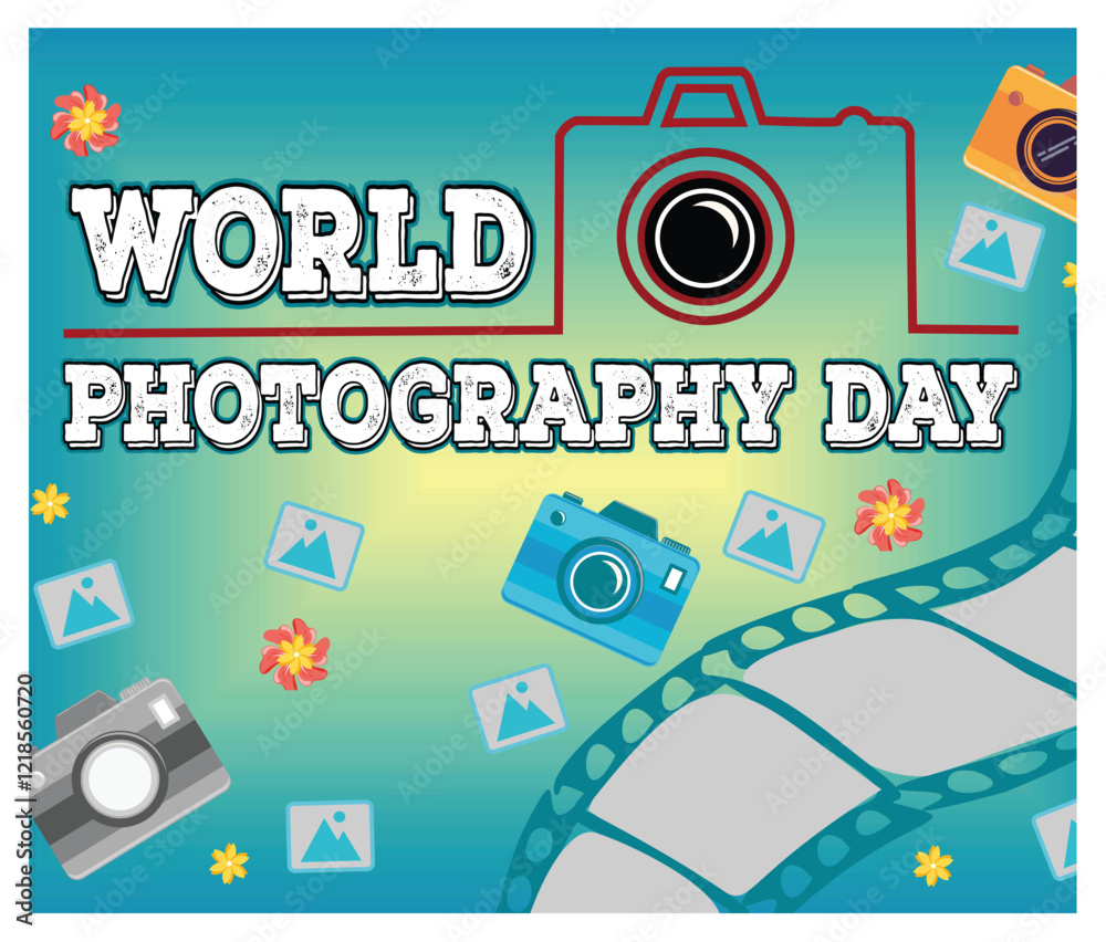 Obraz premium Celebrate World Photography Day with Colorful Camera and Filmstrip Design.