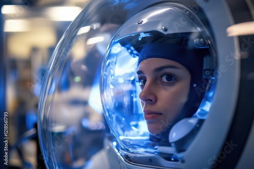 A close-up of a worker in a sterile manufacturing facility, operating a robotic machine, with reflective surfaces and precise movements. photo