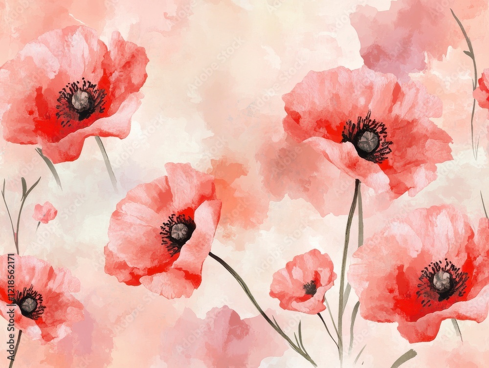 Naklejka premium A Seamless Pattern of Red and Orange Poppy Flowers on an Off-White Background