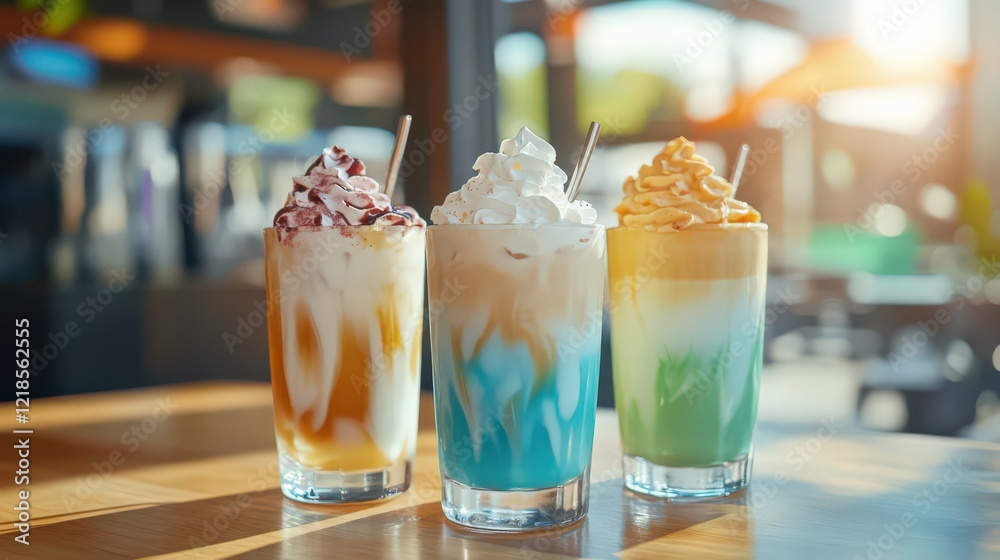 A cold drink showcase with iced lattes, vibrant whipped cream toppings, and sunlight filtering through cafe windows. A cold drink showcase with iced lattes, vibrant whipped cream toppings, and sunlight filtering through cafe windows.