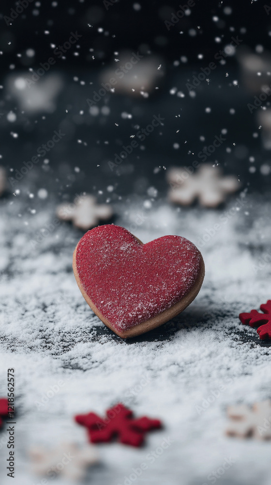 Fototapeta premium Red velvet heart-shaped pillow on snowy windowsill with falling snow: Snowy Valentines Day Aesthetics