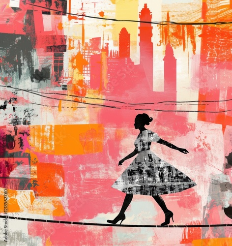 Woman walking on a tightrope symbolizing life's difficulties and risks taken by women, artistic graphic illustration